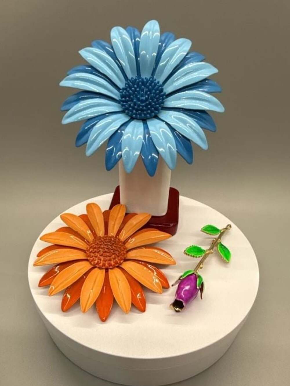 Vtg 60’s Enamel Flower Brooch Lot Blue & Orange Daisy Purple Rose Mod Pop Retro